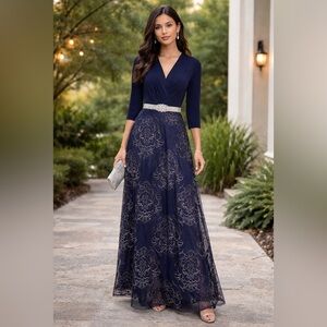 Leslie Fay Navy Blue Floral Sequin Evening Dress Silver Belt Size 4